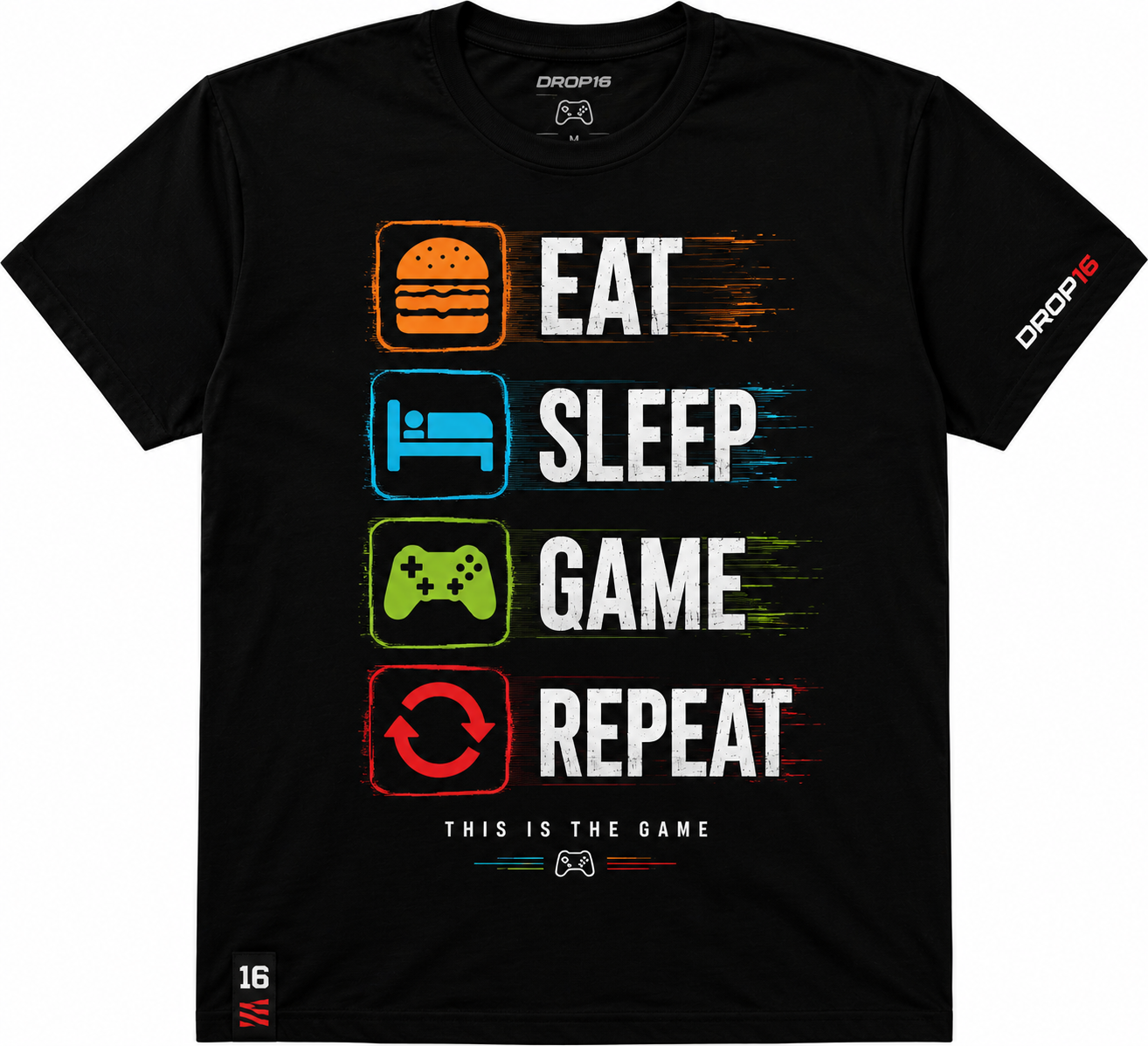 🎮 Camiseta Gamer Eat Sleep Game Repeat | Edição Gamer Drop16