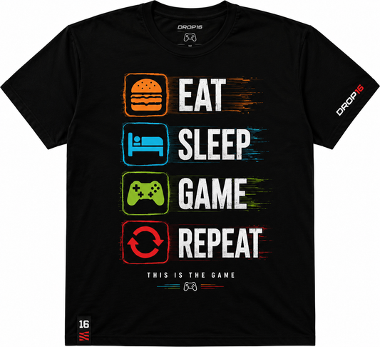 🎮 Camiseta Gamer Eat Sleep Game Repeat | Edição Gamer Drop16