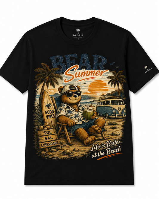 Camiseta Verão relaxante com urso na praia