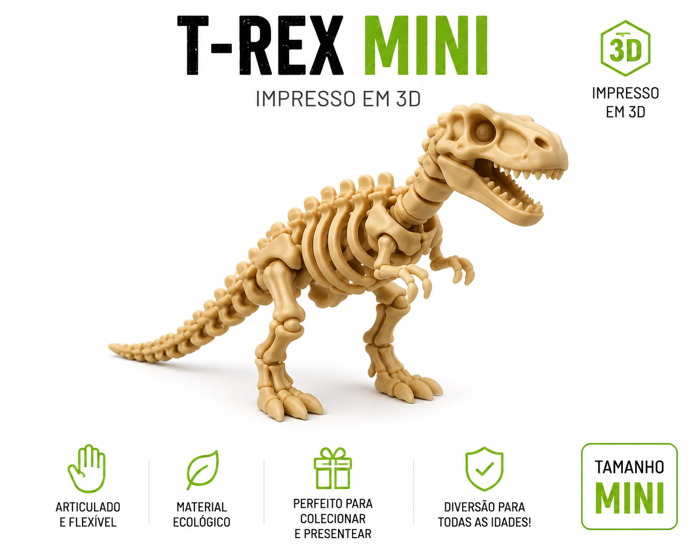 🦖 Kit Dinossauros Esqueleto Mini 3D | 6 Modelos Articulados para Coleção