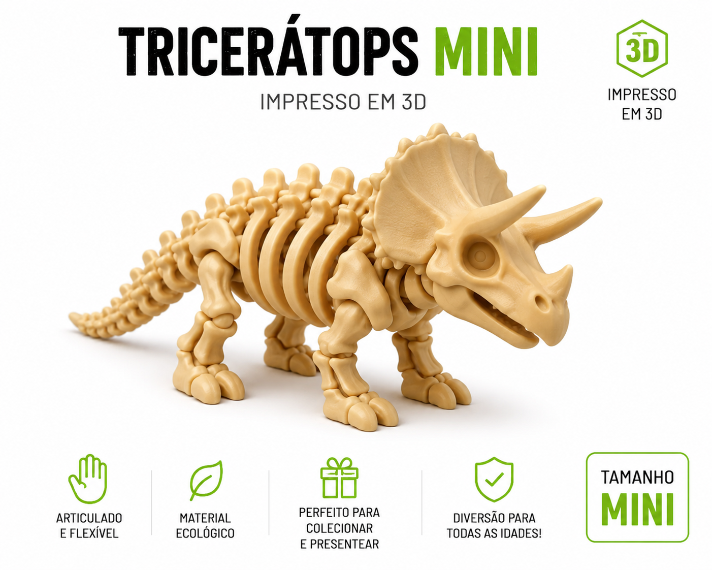 🦖 Kit Dinossauros Esqueleto Mini 3D | 6 Modelos Articulados para Coleção