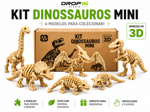 🦖 Kit Dinossauros Esqueleto Mini 3D | 6 Modelos Articulados para Coleção