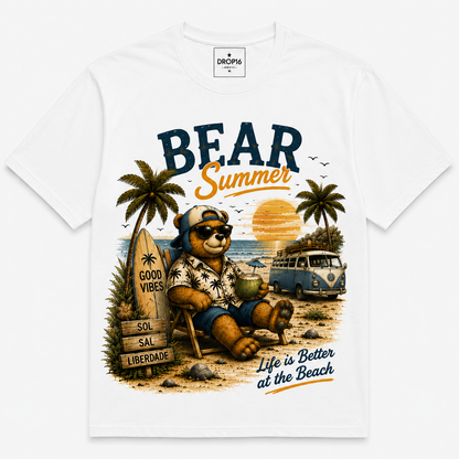 Camiseta Verão relaxante com urso na praia