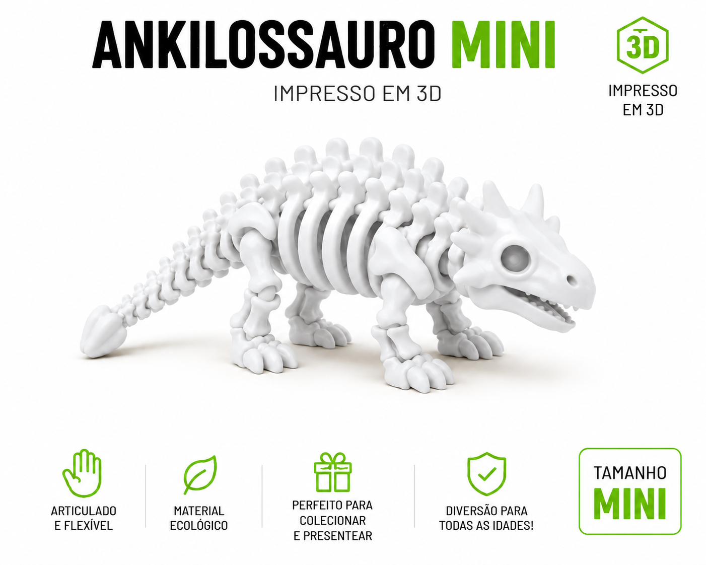🦖 Kit Dinossauros Esqueleto Mini 3D | 6 Modelos Articulados para Coleção