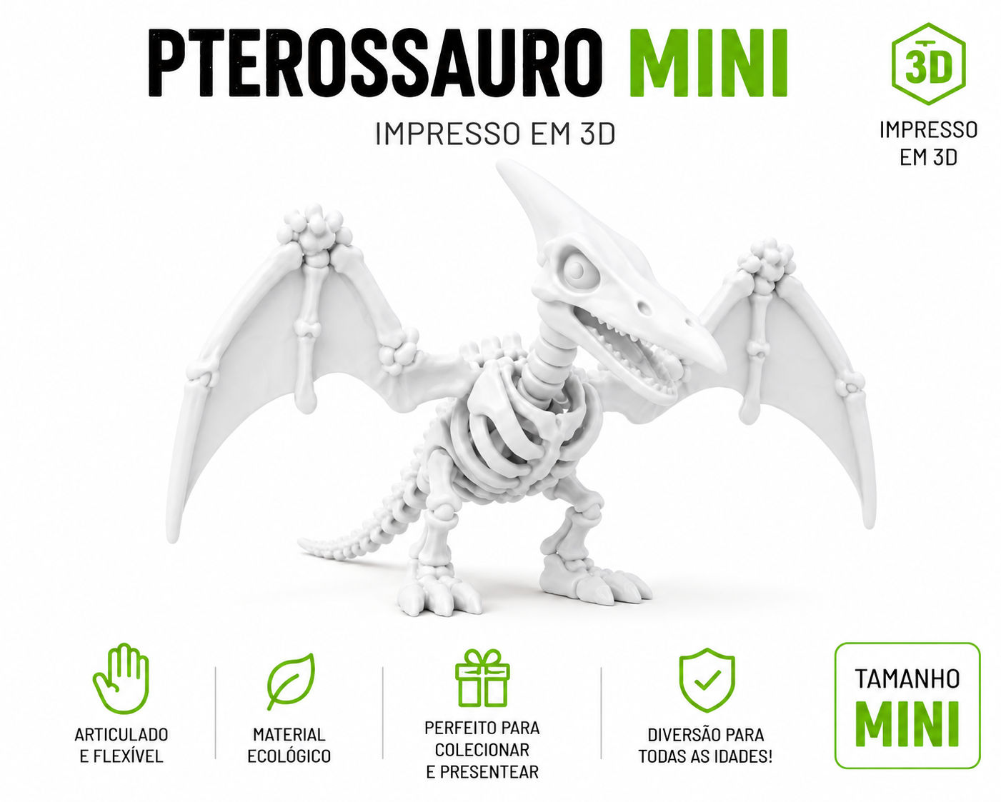 🦖 Kit Dinossauros Esqueleto Mini 3D | 6 Modelos Articulados para Coleção