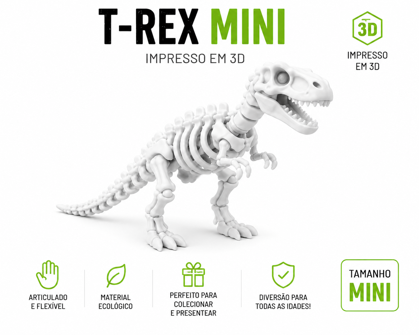 🦖 Kit Dinossauros Esqueleto Mini 3D | 6 Modelos Articulados para Coleção