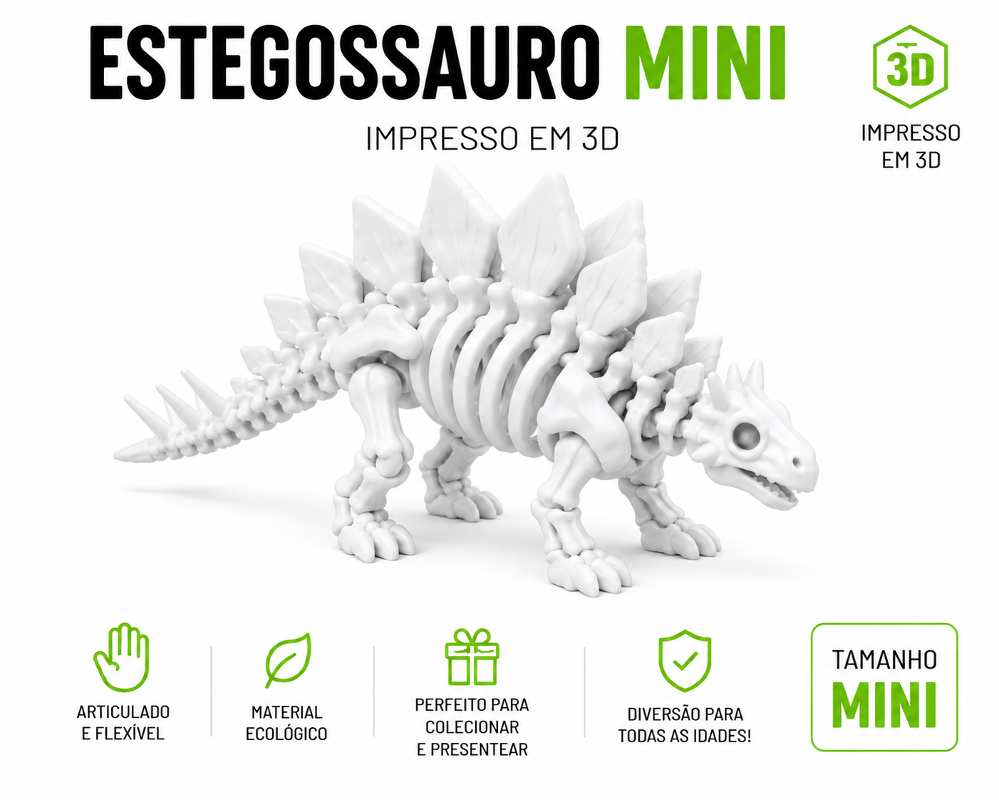 🦖 Kit Dinossauros Esqueleto Mini 3D | 6 Modelos Articulados para Coleção