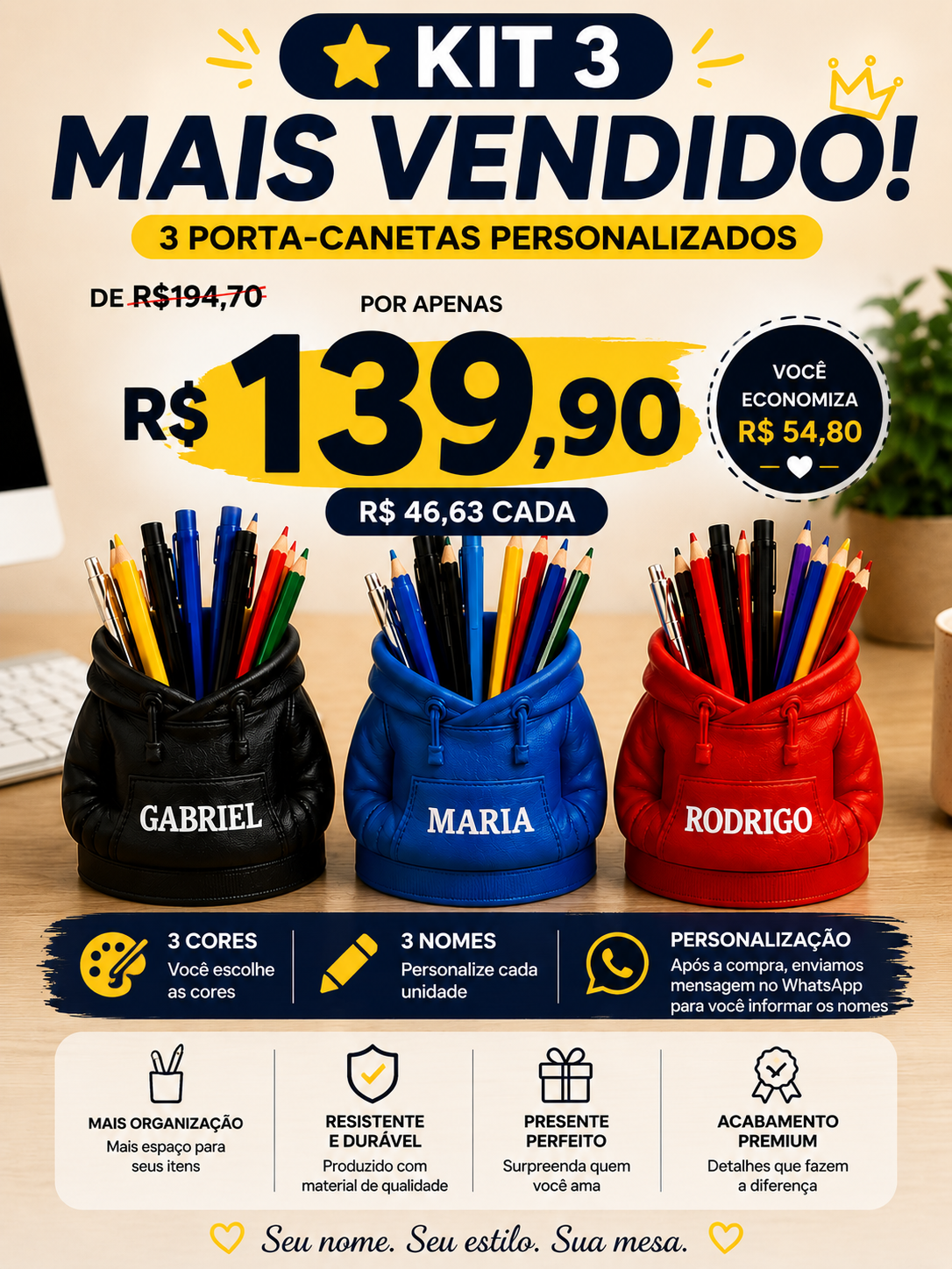 Porta Caneta Moletom Personalizado [FRETE GRÁTIS] | APÓS A COMPRA, ENVIE OS NOMES PELO WHATSAPP