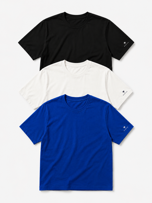 🔥 Kit com 3 Camisetas Premium Preto + Branco + Azul ⚡ Frete Grátis